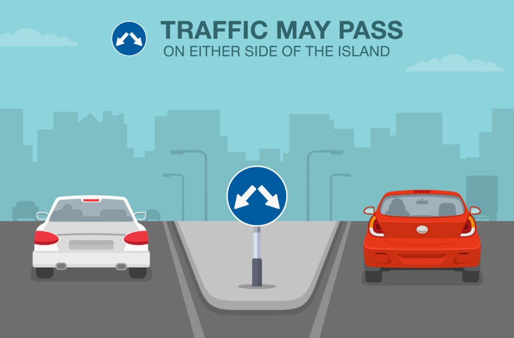Safe driving tips and traffic regulation rules Traffic may pass on either side of the island or obstruction Back view of a traffic flow on city highway Flat vector illustration template - Driver Training Theory Test Pass Either Side vs Turn Left Only