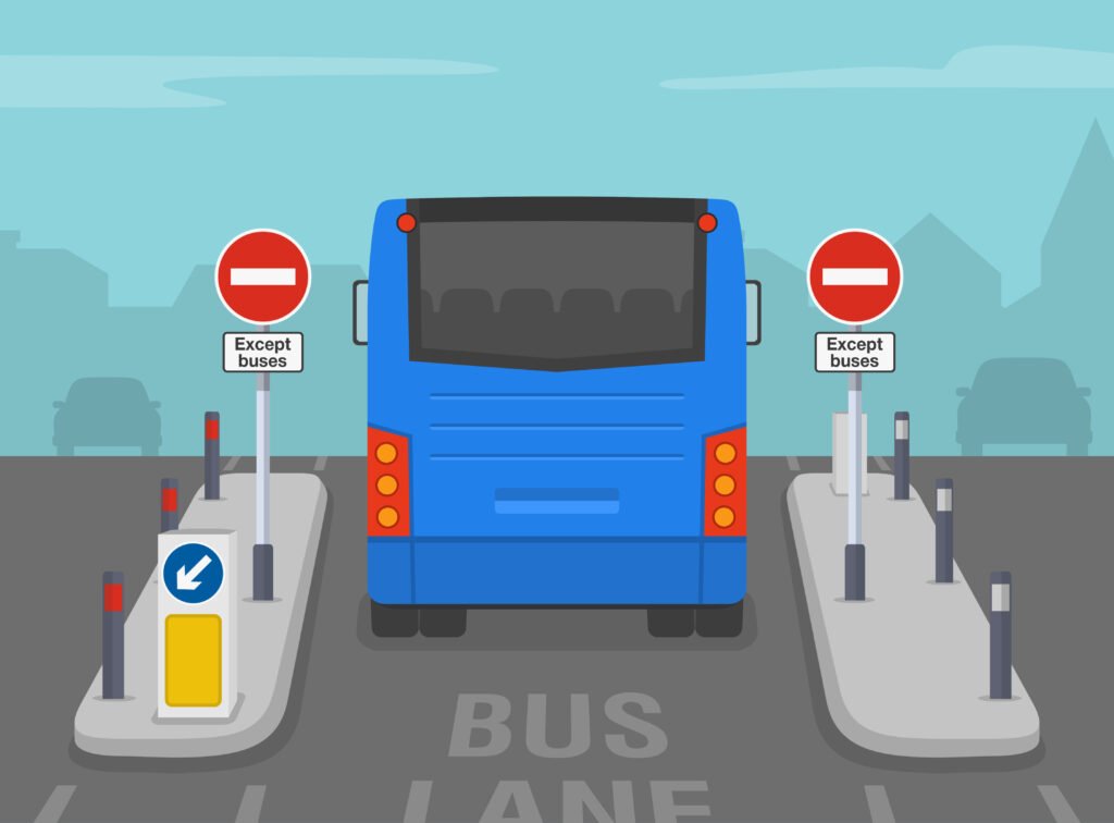 Safe driving tips and traffic regulation rules Keep left no vehicles except buses sign Back view of a bus moving through traffic island Flat vector illustration template - Driver Training Theory Test Maximum Height vs Maximum Width: What’s the Difference?