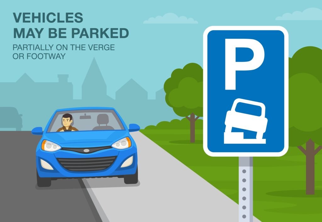 BritishOutdoorParkingTipsAndRulesClose-upViewOfA - Driver Training Theory Test No Vehicles Except Bicycles Being Pushed vs Parking Partially on the Verge