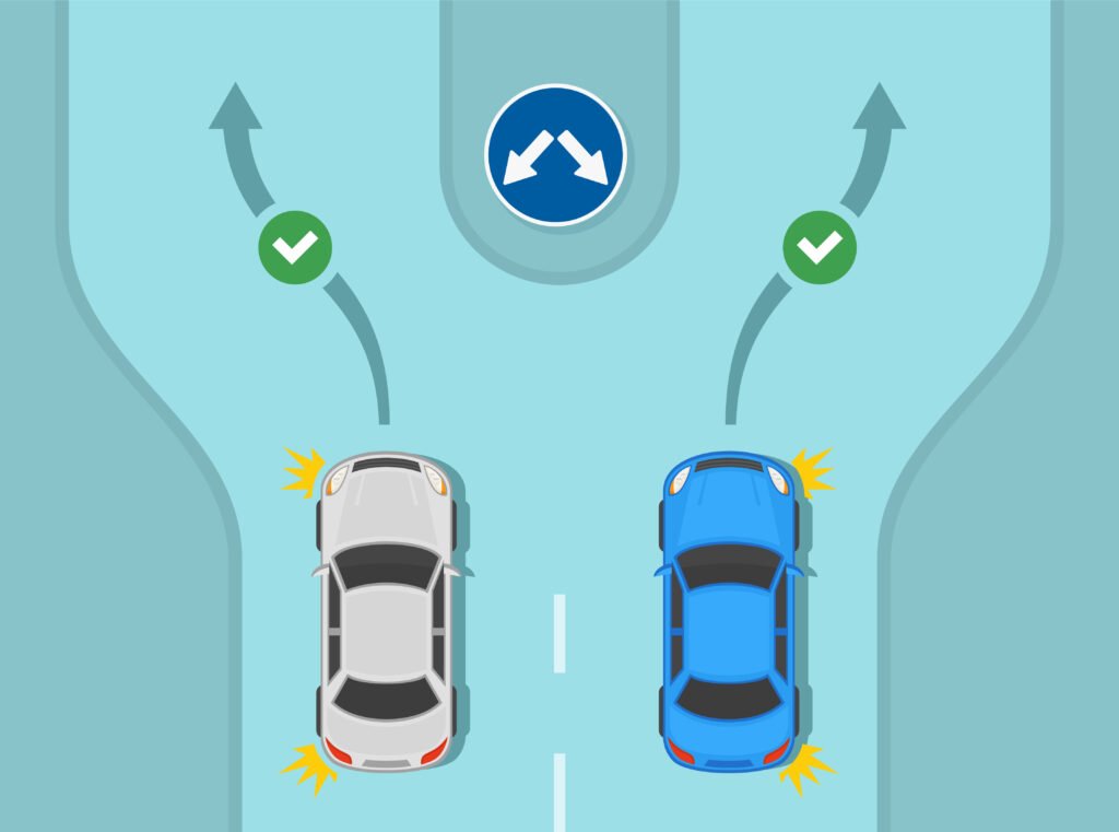 Safe driving tips and traffic regulation rules Traffic may pass on either side of the island Top view of a traffic flow Flat vector illustration template - Driver Training Theory Test