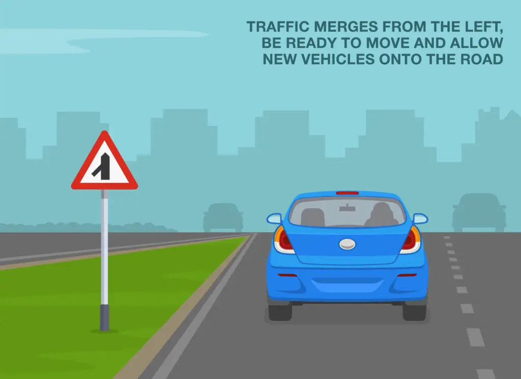 Safe driving tips and traffic regulation rules British traffic merges from the left road sign meaning Back view of a blue car on main road Flat vector illustration template - Driver Training Theory Test Dual Carriageway Traffic Merges from the Left