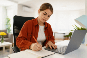 Woman working from home writing notes while using a laptop