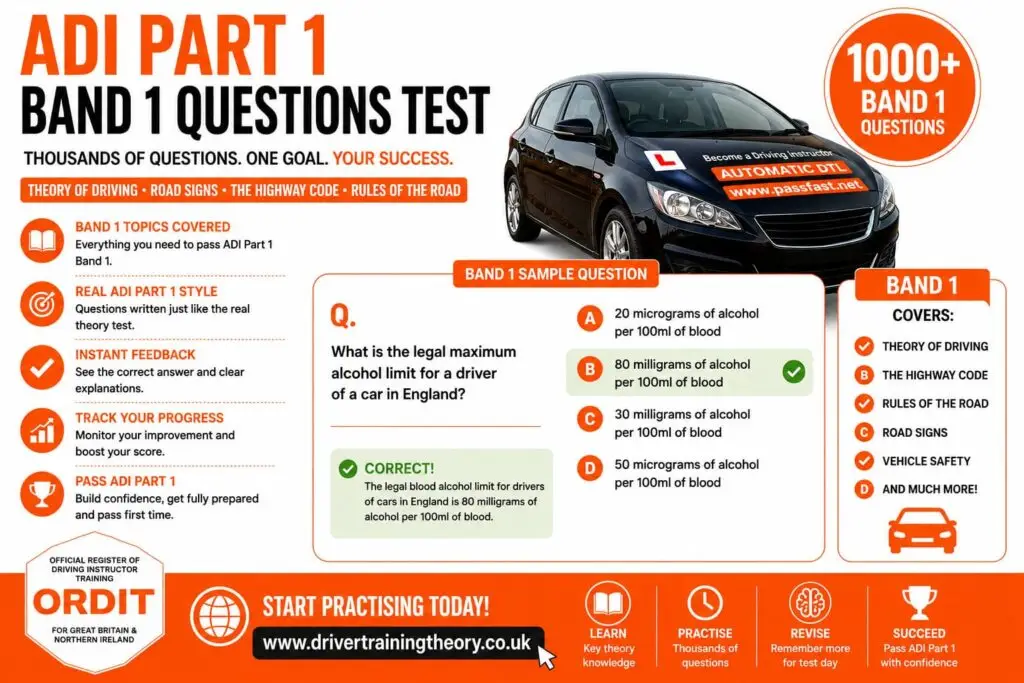 Promotional ADI Part 1 infographic with a car on the right and orange accents advertising 1000+ Band 1 questions and topics like theory, road signs, and rules of the road.