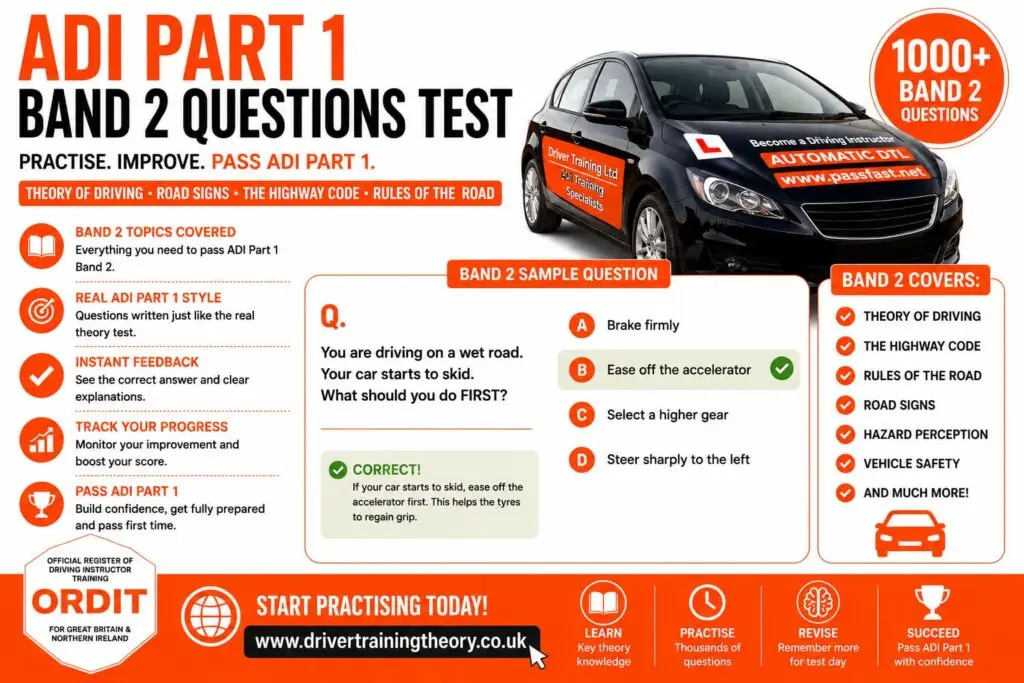 Promotional infographic for ADI Part 1 Band 2 questions test, with a car on the right and topics like theory, road signs, and practice tips on the left.