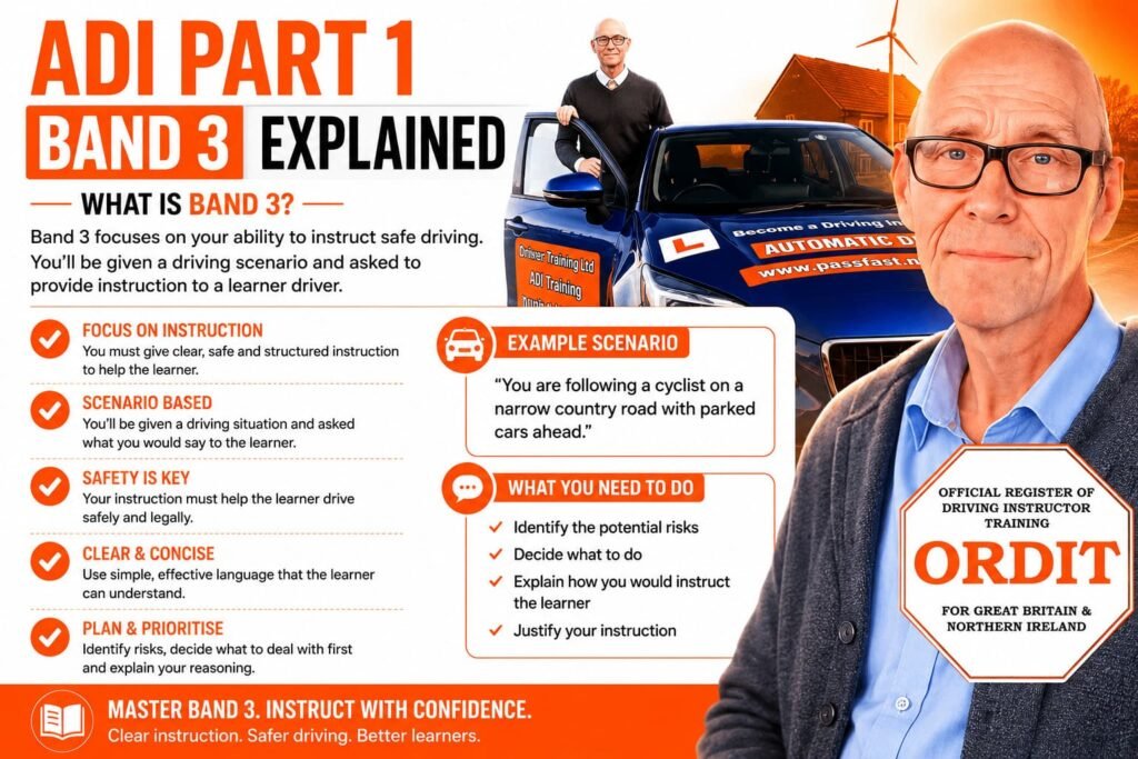 Infographic about ADI Part 1 Band 3 explained, with a driving instructor beside a car and a checklist of tips for safe, clear instruction.