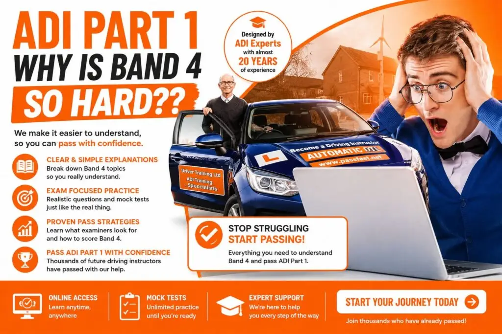 Promotional poster for ADI Part 1 driving instructor course featuring bold orange text 'Why is Band 4 So Hard?', a blue driving school car, and a person at a laptop looking surprised against an orange design background.